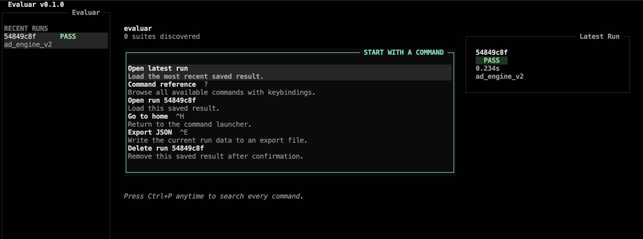 Evaluar TUI showing run overview with metrics and inspector
